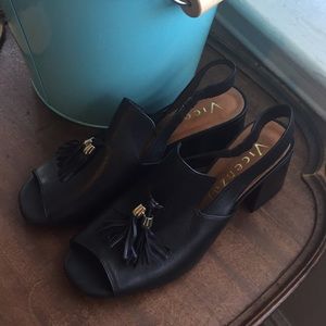 Black leather sandal heels ~2.5 inches
